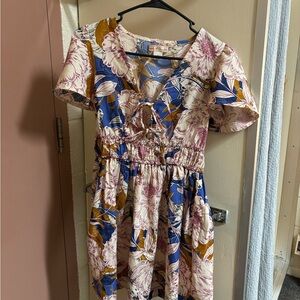 Floral Tie-Front Mini Dress in Blue, Cream & Mustard